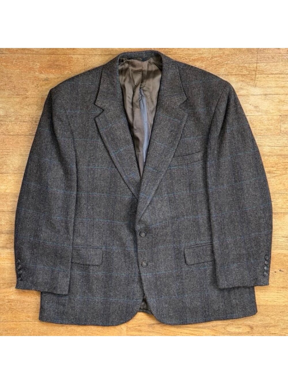 Vintage Mens Brown Wool Plaid Blazer Size 46R 1970s Herringbone Woven Jacket   C
